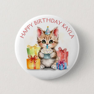 Cute Personalized Kitten in Birthday Hat Button