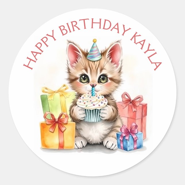 Cute Personalized Kitten in Birthday Hat  Classic Round Sticker (Front)