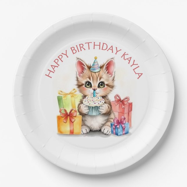 Cute Personalized Kitten in Birthday Hat  Paper Plates (Front)