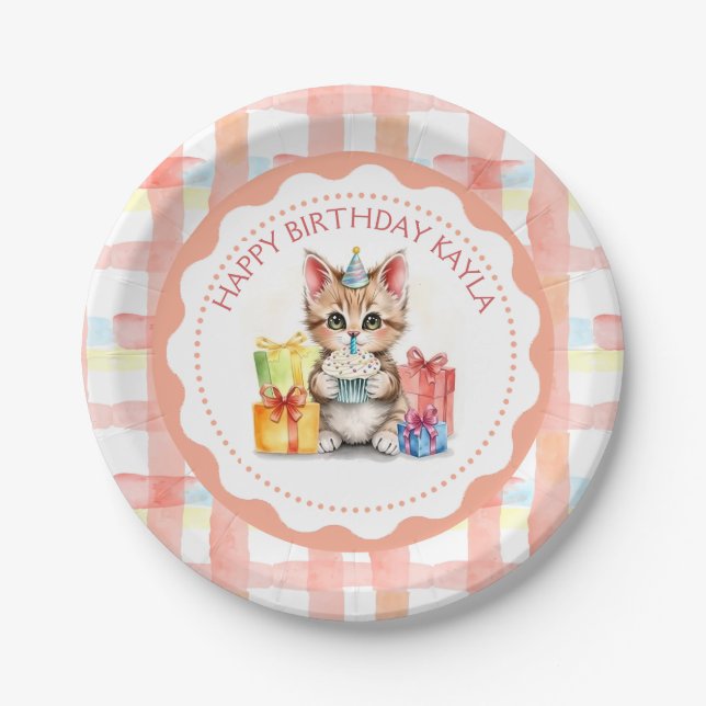 Cute Personalized Kitten in Birthday Hat  Paper Plates (Front)