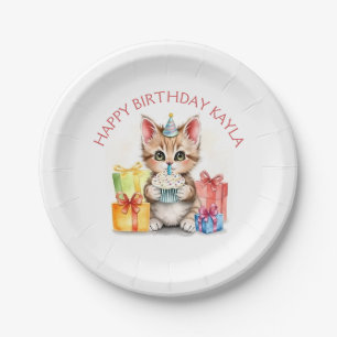 Cute Personalized Kitten in Birthday Hat Paper Plates