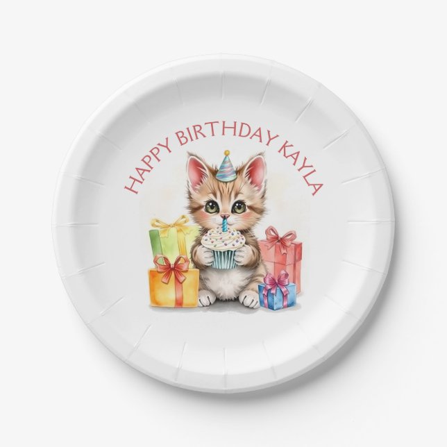 Cute Personalized Kitten in Birthday Hat  Paper Plates (Front)