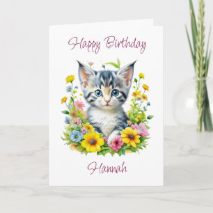 Cute Personalized Kitten in Flowers Birthday Card
