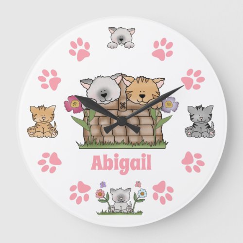 Cute Personalized Kittens Cats and Paw Prints Large Clock
