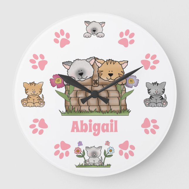 Cute Personalized Kittens, Cats and Paw Prints Large Clock (Front)