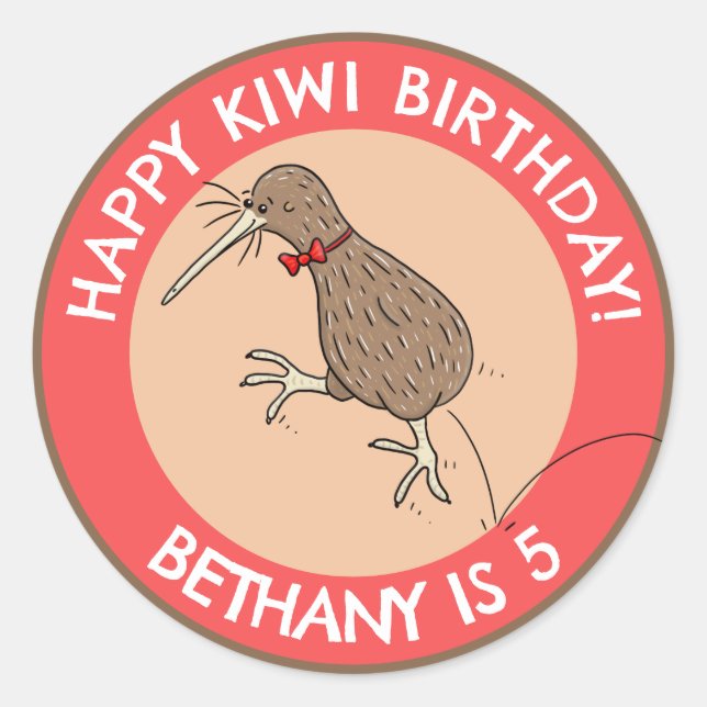 Cute personalized kiwi bird birthday cartoon classic round sticker (Front)