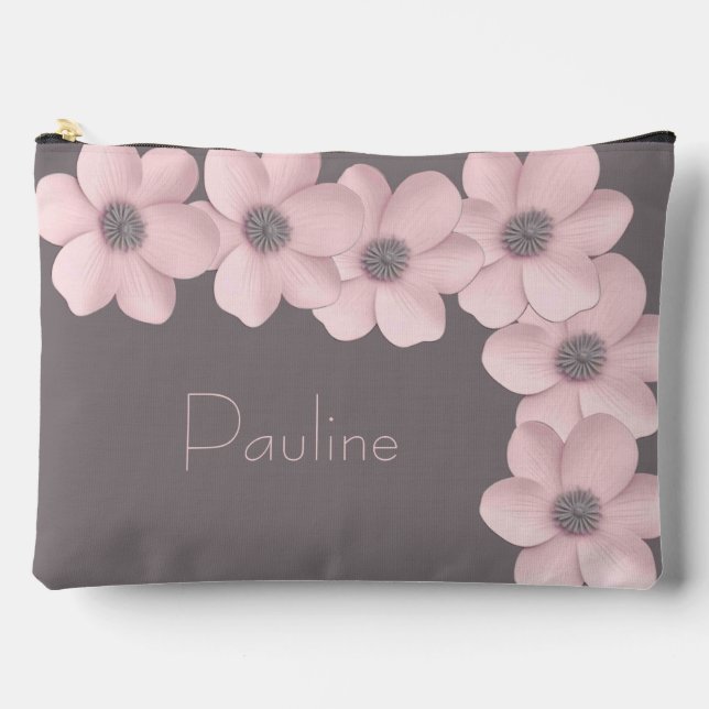 Cute Personalized Large Pink-Taupe Poppy Accessory Pouch (Front)