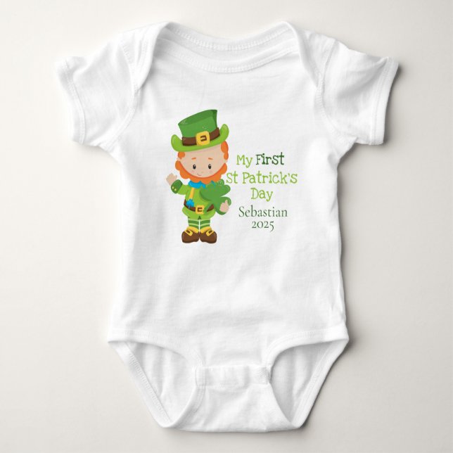 Cute Personalized Leprechaun First St Patricks Day Baby Bodysuit (Front)