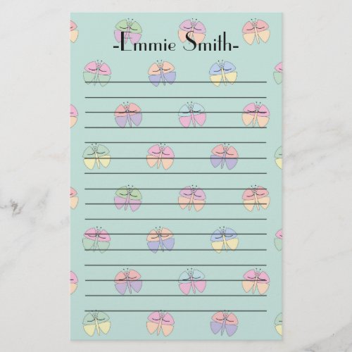 Cute Personalized Lined Pastel Green Butterflies Stationery