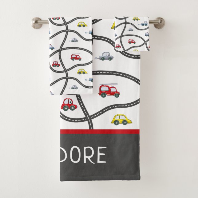 Cute Personalized Little Boy Kids Car Bath Towel Set (Insitu)
