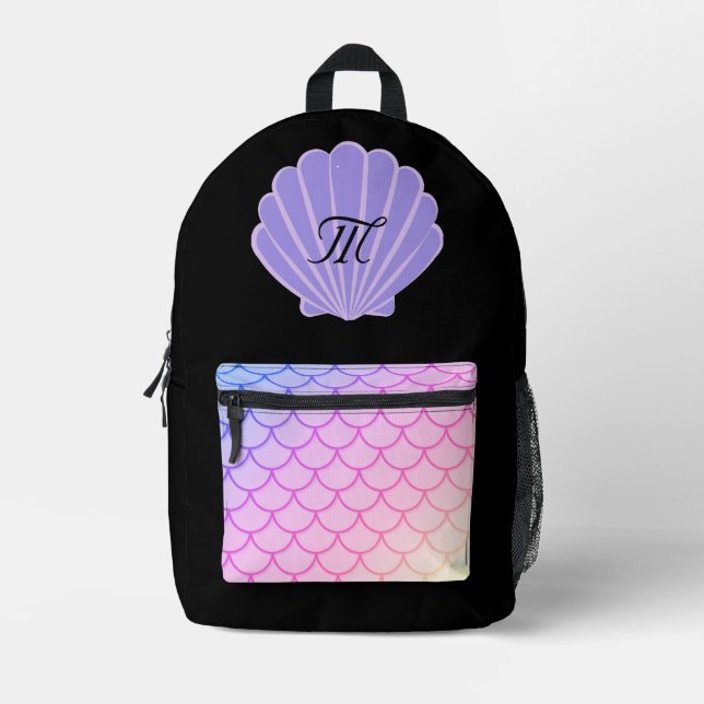 cute personalized mermaid black  printed backpack (Front)