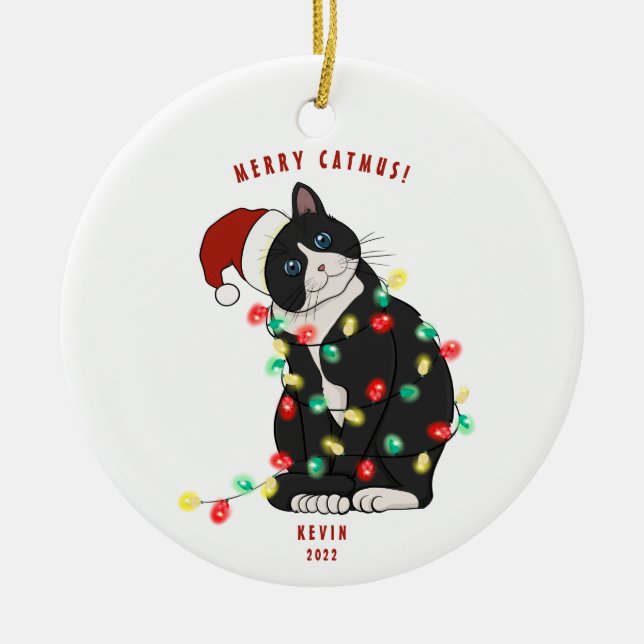 Cute Personalized Merry CatMus Funny Christmas Ceramic Ornament (Front)