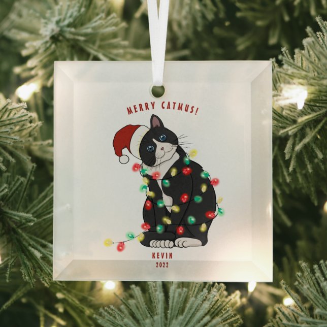 Cute Personalized Merry CatMus Funny Christmas Glass Ornament (Insitu)