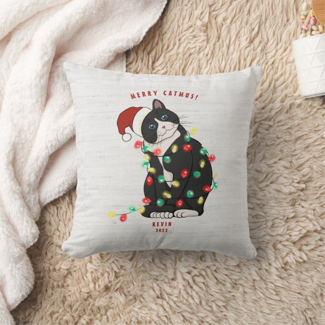 Cute Personalized Merry CatMus Funny Christmas  Throw Pillow (Blanket)