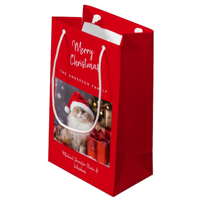 Cute Personalized Merry Christmas Cat Photo Small Gift Bag (Back Angled)