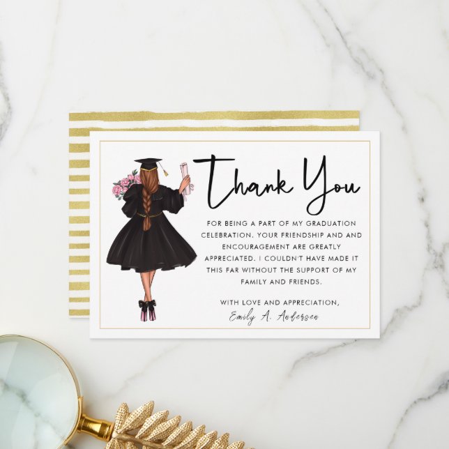 Cute Personalized Modern Watercolor Girl Graduate  Thank You Card (Front/Back In Situ)