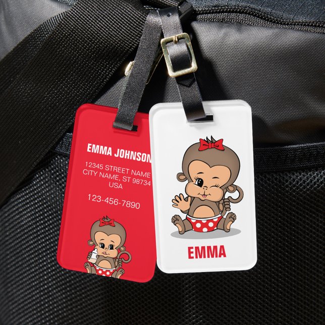 Cute Personalized Monkey Girl Luggage Tag (Waving) (Creator Uploaded)