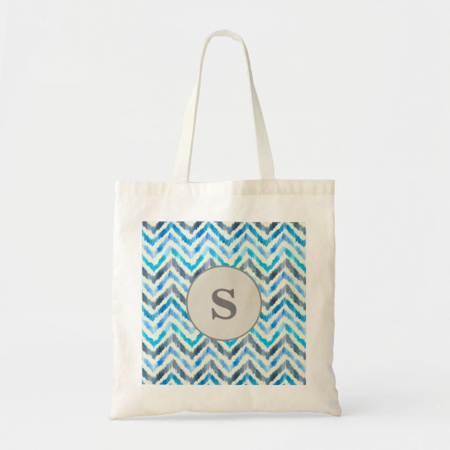 Cute Personalized Monogram Blue and White Chevron Tote Bag (Front)