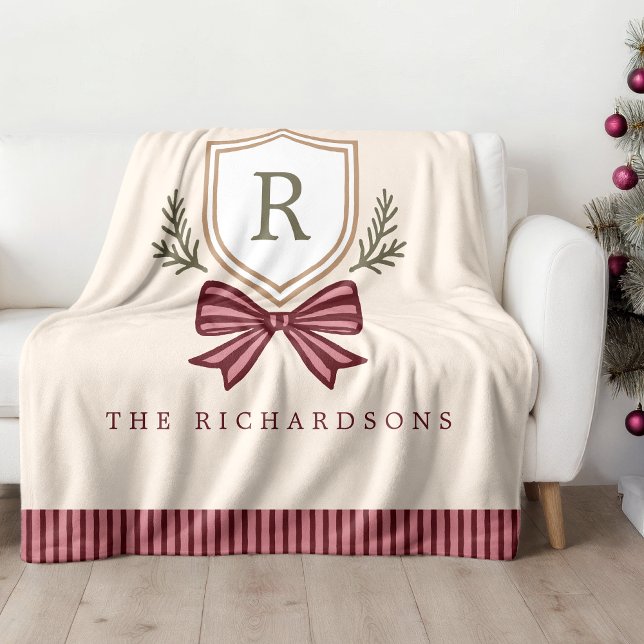 Cute Personalized Monogram Bow Christmas Fleece Blanket (Creator Uploaded)