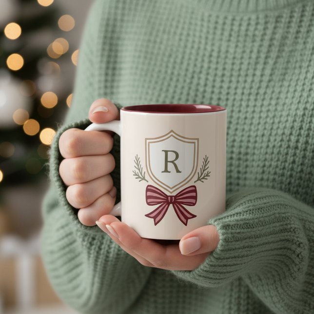 Cute Personalized Monogram Initial Bow Christmas Two-Tone Coffee Mug (Creator Uploaded)