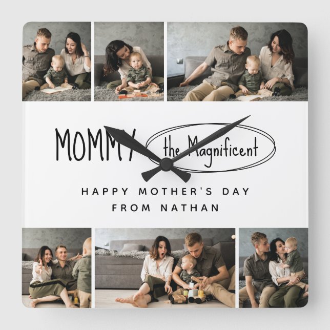 Cute Personalized Mothers Day Family Photo Square Wall Clock (Front)