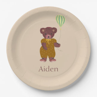 Cute Personalized Name Bear Beige Children's  Paper Plates