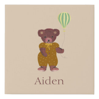 Cute Personalized Name Bear Beige Kids Faux Canvas Print