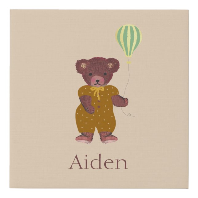 Cute Personalized Name Bear Beige Kids Faux Canvas Print (Front)