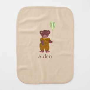 Cute Personalized Name Bear Neutral Beige Baby Burp Cloth
