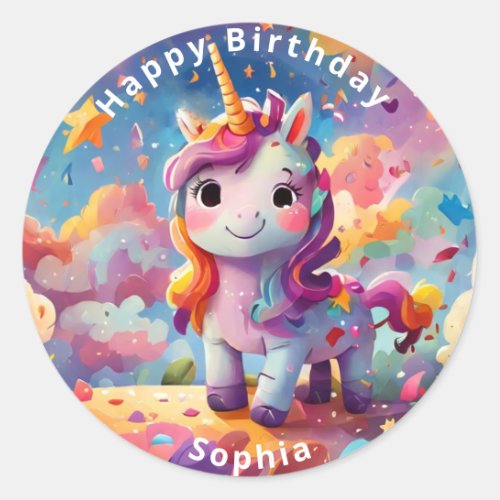 cute personalized name birthday colorful unicorn  classic round sticker
