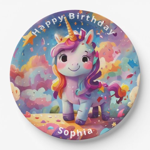 cute personalized name birthday colorful unicorn  paper plates