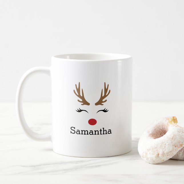 Cute Personalized Name Christmas Reindeer Coffee Mug (With Donut)