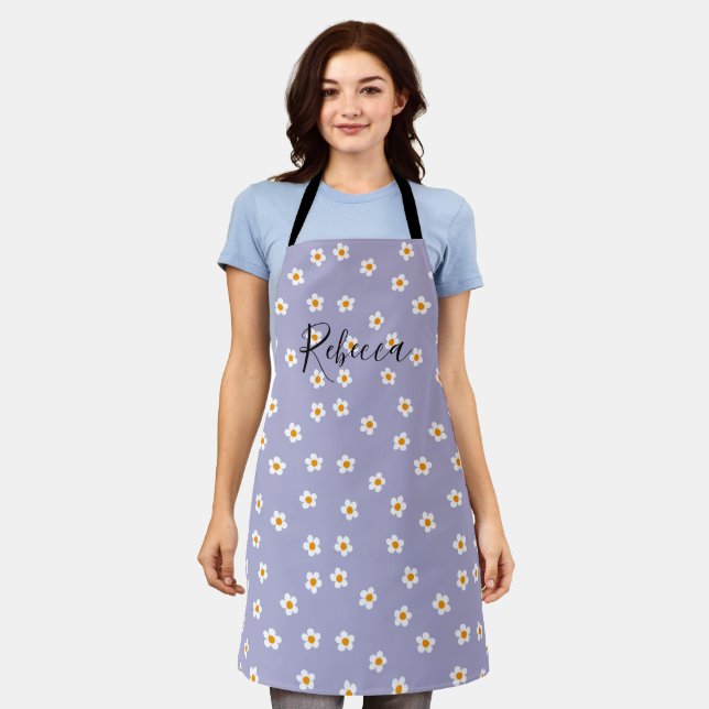 Cute Personalized Name Daisy Floral Pattern Purple Apron (Worn)