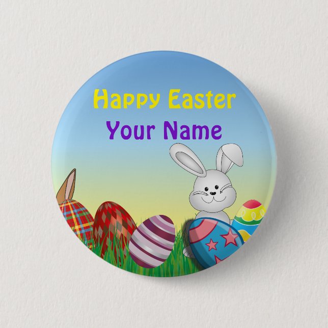 Cute Personalized Name Happy Easter Pinback Button (Front)