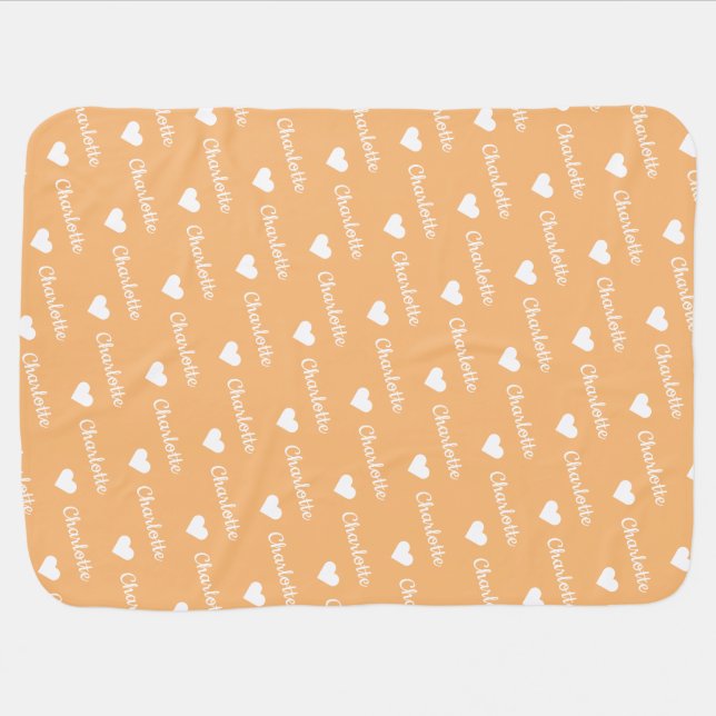 Cute Personalized Name Heart Pattern Peach Baby Blanket (Horizontal)