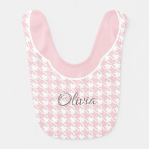 Cute Personalized  Name Pink Houndstooth Check Baby Bib