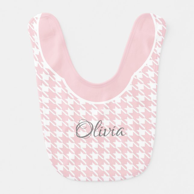 Cute Personalized  Name Pink Houndstooth Check Baby Bib (Front)