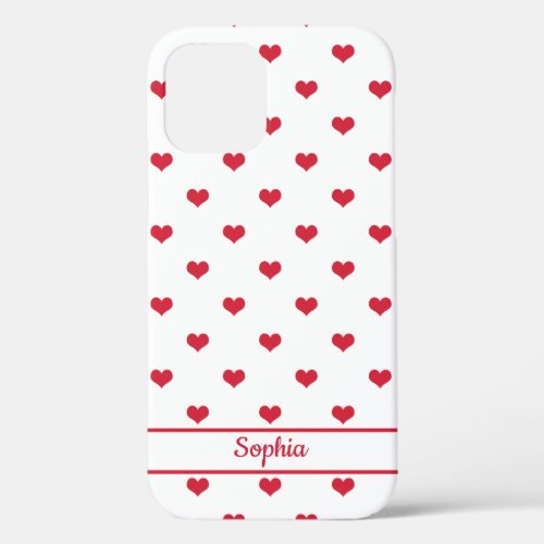 Cute personalized name red white hearts pattern iPhone 12 case