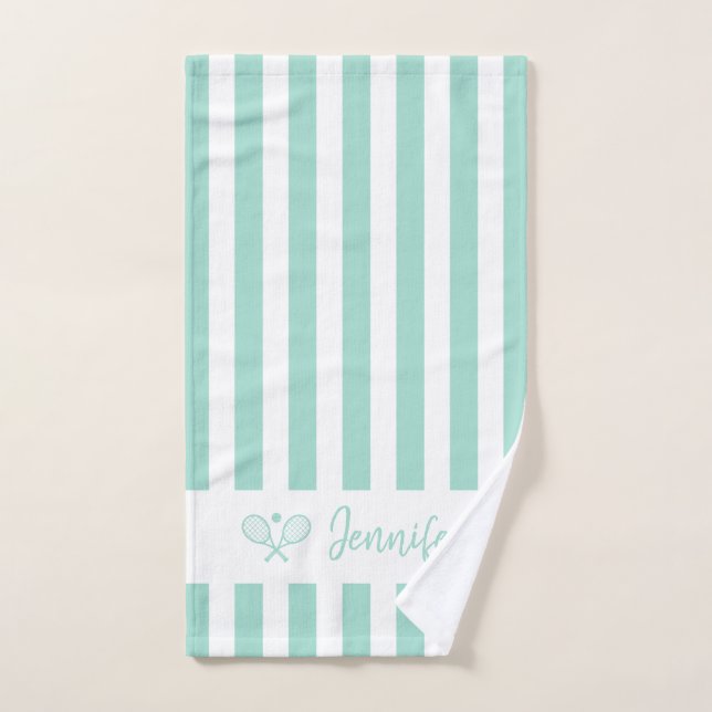 Cute Personalized Name Tennis Aqua Blue Stripes Hand Towel (Hand Towel)
