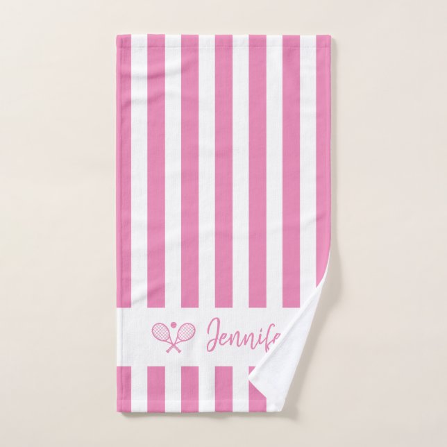 Cute Personalized Name Tennis Pink Stripes Hand Towel (Hand Towel)