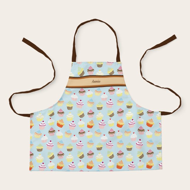 Cute Personalized Name with Cupcake Print Apron (Cute personalized cupcake kids apron with a custom name.)