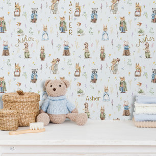 Cute Personalized Name Woodland Animals Blue Boy Wallpaper