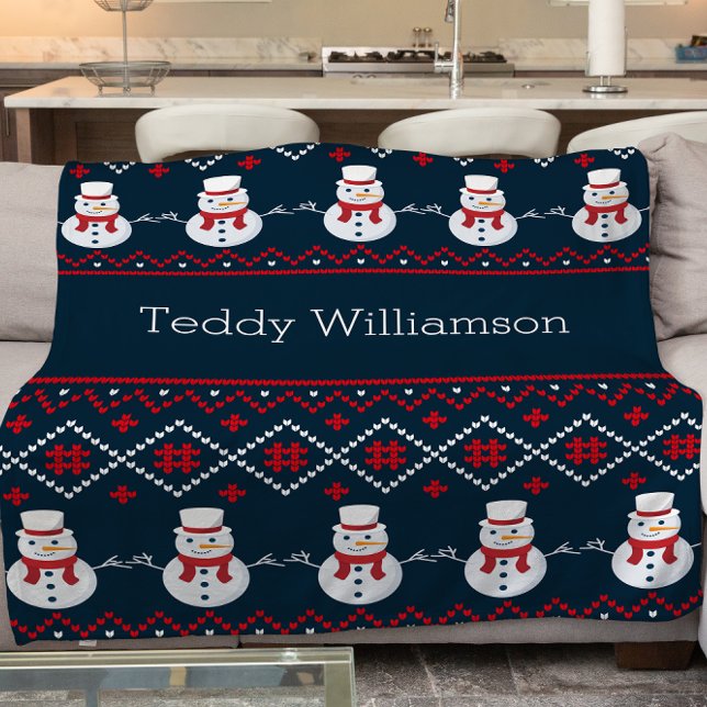 Cute personalized nordic snowman patterned  fleece blanket (Creator Uploaded)