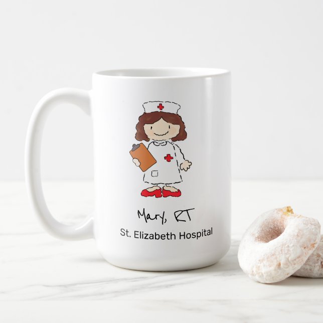 Cute Personalized Nurse Doctor Hand Drawn Cartoon Coffee Mug (With Donut)