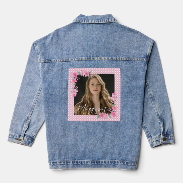 Cute Personalized one Photo Pink  Denim Jacket (Back)