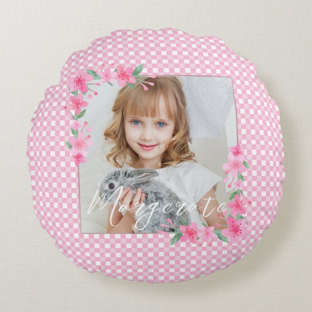 Cute Personalized one Photo Pink Favor Box Round Pillow (Front)