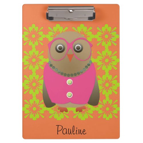 Cute Personalized Orange Old Lady Owl Clipboard