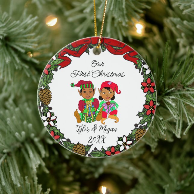 Cute Personalized Our First Christmas Elves Ceramic Ornament (Tree)