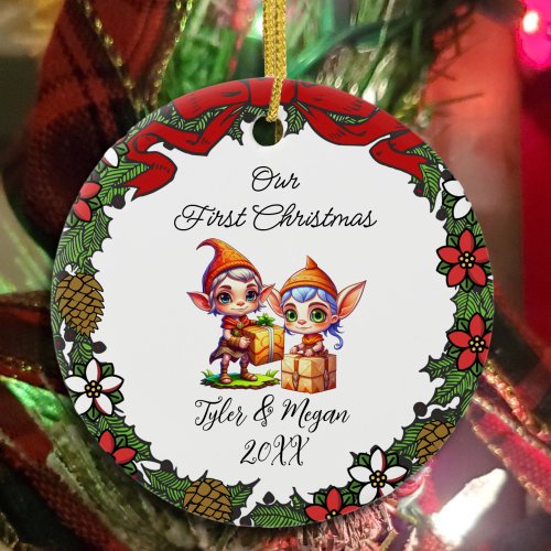 Cute Personalized Our First Christmas Elves Ceramic Ornament