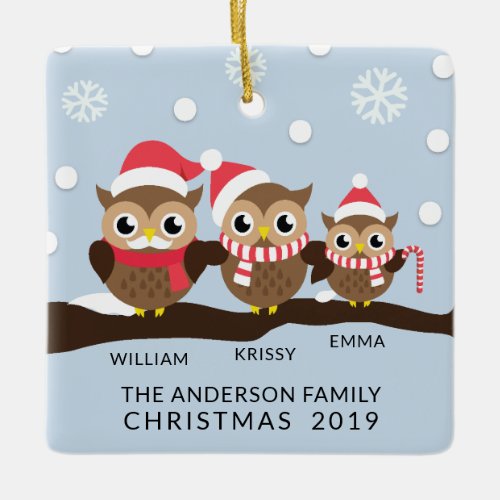 CUTE Personalized Owl Family Of 3 Christmas Ceramic Ornament